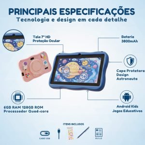 Tablet Infantil 7" 4GB RAM + 128GB com Capa Protetora